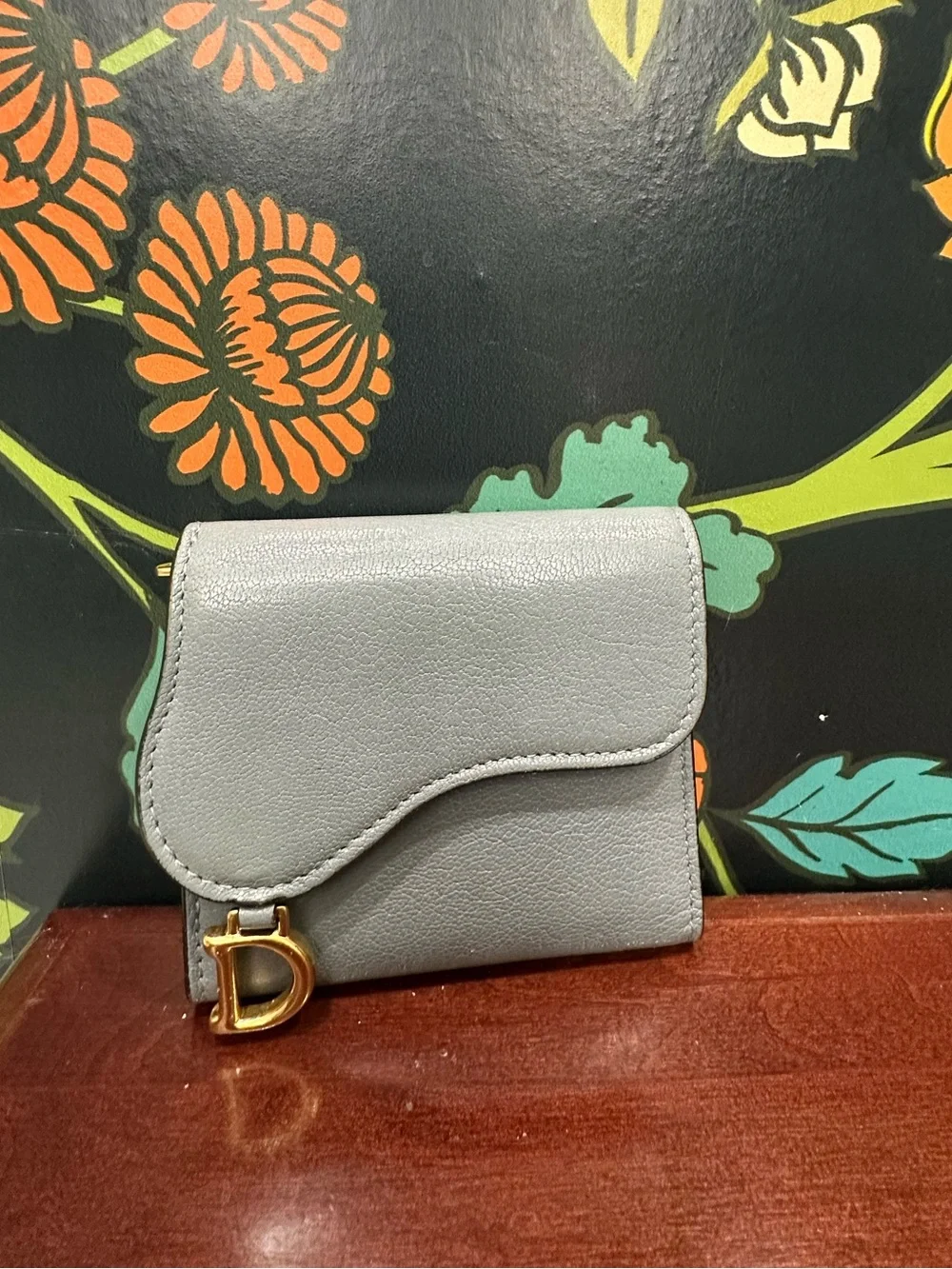 Christian Dior Saddle Lotus Wallet Gray Calfskin Gold D Hardware Compact Wallet